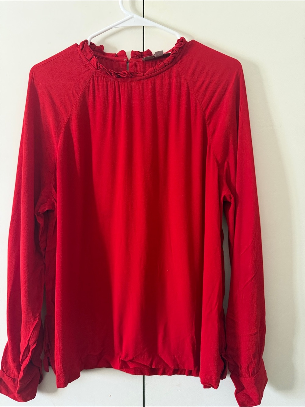 LOFT Red Ruffle-Neck Long Sleeve Blouse